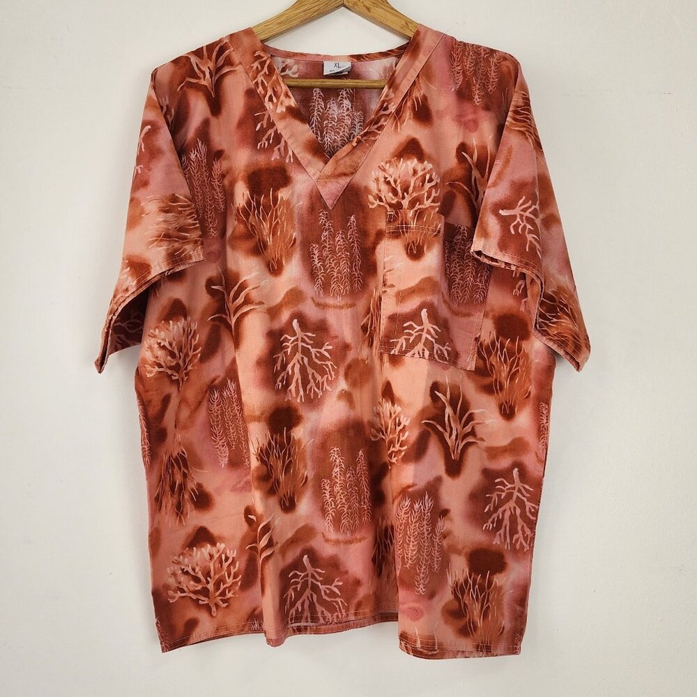 Vtg SCRUBS Coral Reef Print V-Neck Nurse Top Size XL 100% Cotton Medical Uniform